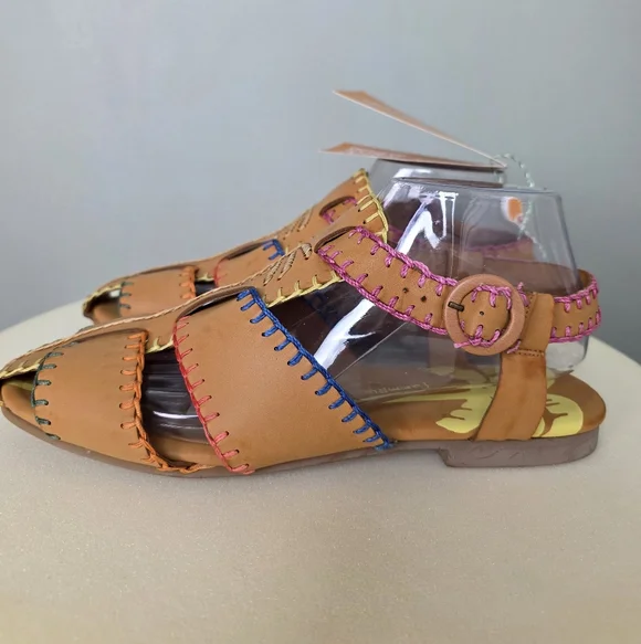 NWT Farm Rio Caramel Tan Whipstitch Fisherman Sandals Palm Tree Adjustable Strap - Picture 10 of 17